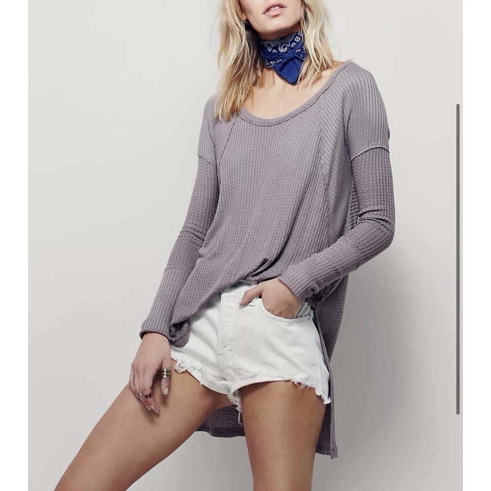 Free People We The Free Womens Long Sleeve Thermal Top Size M Gray Raw Hem XS